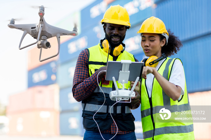 Foreman or worker use remote controller piloting drone at containers port for checking container. Foreman use remote control Drone with camera flying on container cargo ship at shipping port.