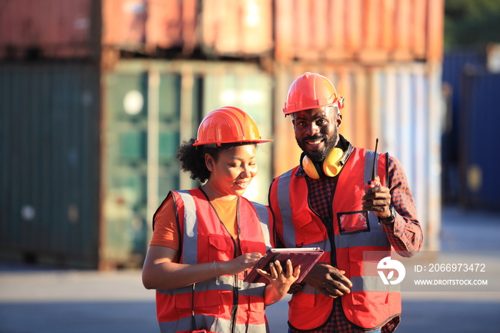 African American  black engineer they are working in container box yard area of  logistics transportation import export or shipping industry