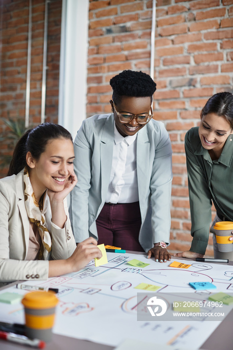 Multiracial female start-up team creating mind map on paperboard while working on new business project in the office.