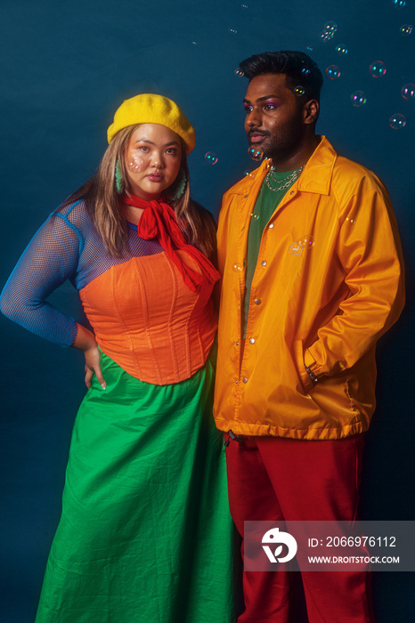 Duo fashion colour blocked studio portrait