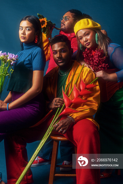 Asian group colour blocked fashion studio portrait