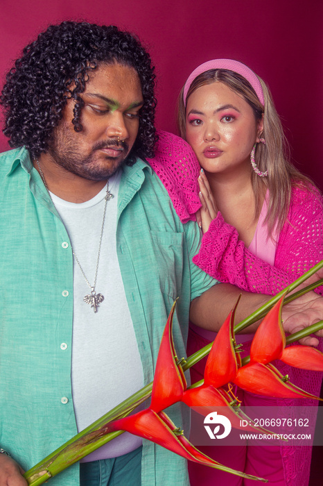 Asian duo fashion colour-blocked studio portrait