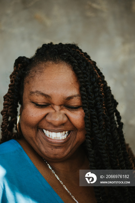 plus size afro latinx haitian american smiling eyes closed