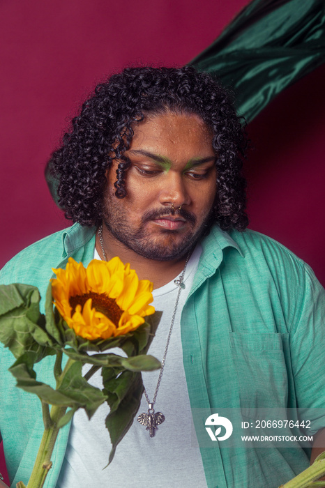 Asian individual fashion colour-blocked studio portrait