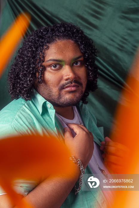 South Asian male colour blocked fashion studio portrait