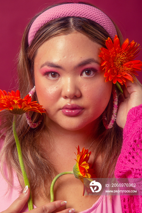 Asian female colour blocked fashion studio portrait