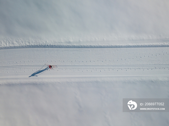 Cross-country skiing: young woman cross-country skiing on a winter day (motion blurred image) - aerial image