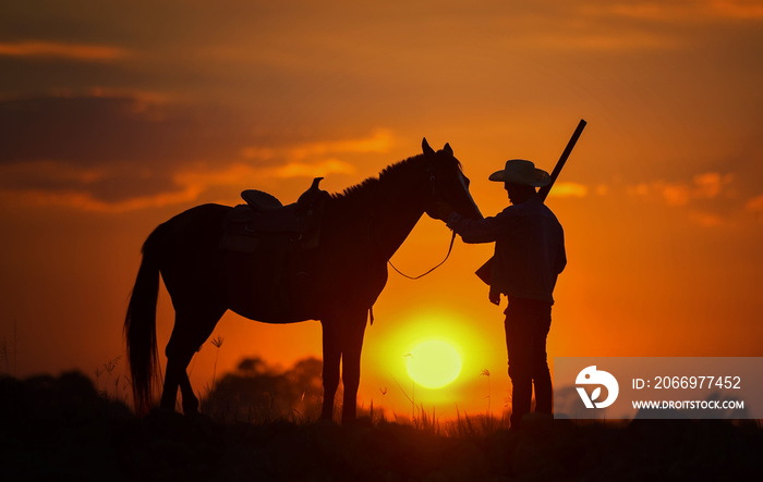 Cowboy silhouette And horses in the evening, sunset