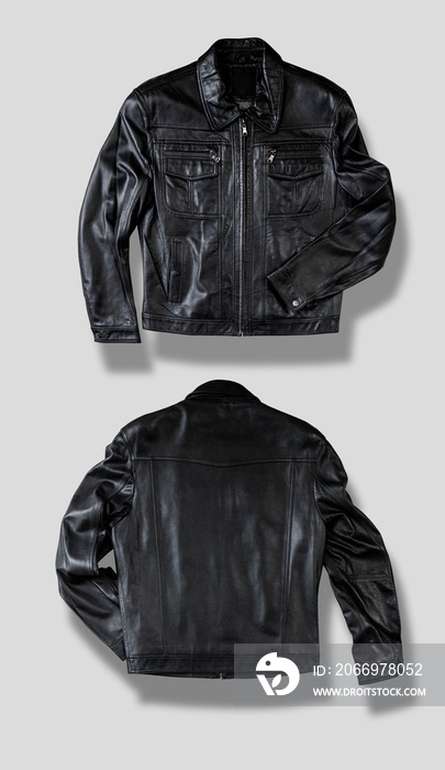 Black leather jacket isolated on white. Front and back views. Ready for clipping path. Vertical composition.