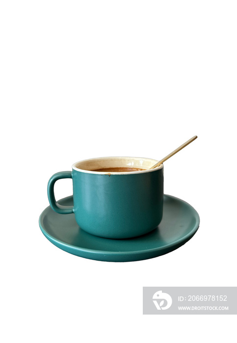 Cup of coffee with spoon. Green colour cup cut out