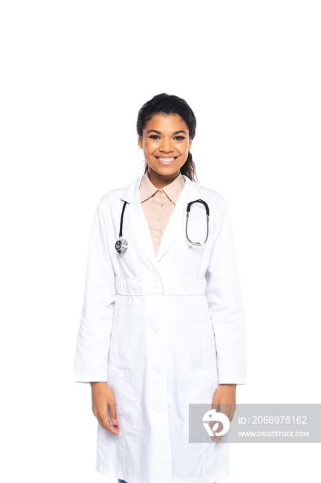 Positive african american doctor looking at camera isolated on white.