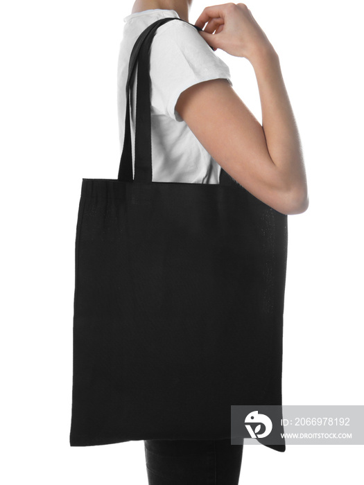 Woman with blank bag for branding on white background