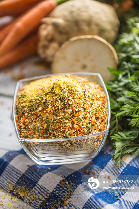 Seasoning spices condiment vegeta from dehydrated carrot parsley celery parsnips and salt with or without glutamate