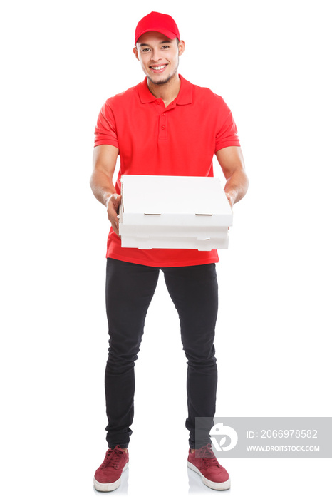 Pizza delivery latin man boy order delivering bringing full body portrait deliver box isolated on white