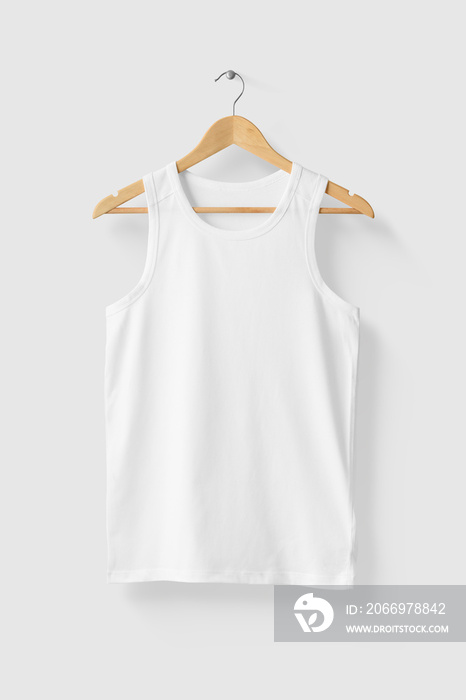 Blank White Tank Top Shirt Mock-up on wooden hanger, front side view. High resolution.