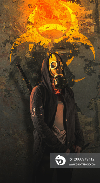 woman in gas mask says stop the destruction in the world. , post Apocalypse and biohazard