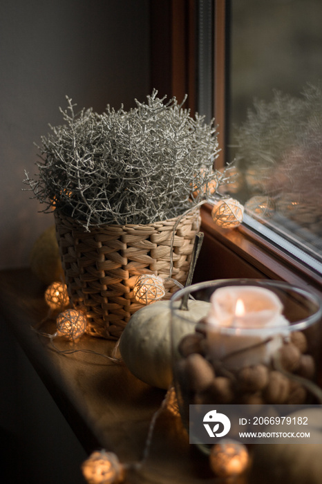 autumn cosy pumpkin, candles and autumn plants on window with led lights bokeh