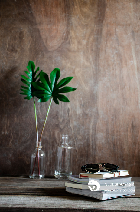 work space wood still life and hot coffee books