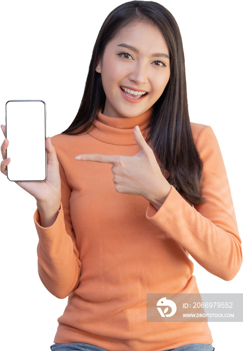 Asian Woman Show Mobile Phone Screen with Blank Copy Space