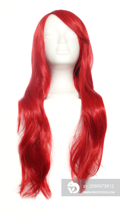 Red Anime Style Wig on mannequin head isolated on white background