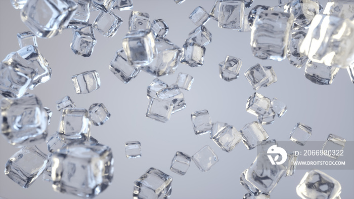 Amazing scene of ice cubes falling. Ice cubes falling on white background. Ice crystals. Sugar crystals. Glass blocks. 3D Render.