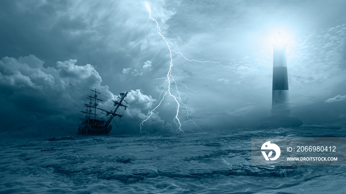 An old sailing ship in the mist sails towards the rocks with amazing lighthouse - Sailing old ship in a storm sea with lightning in the background stormy clouds