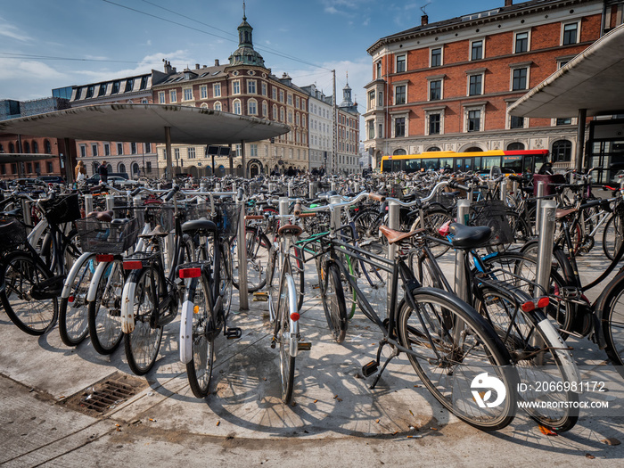 Bicycles parked in central Copenhagen, Denmark