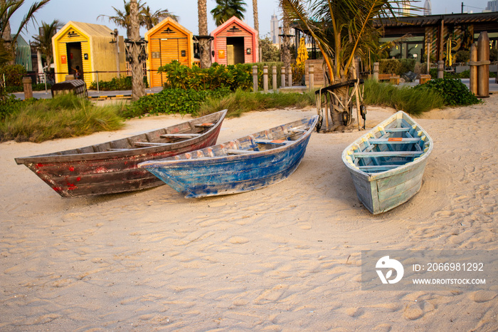 Boats on the La Mer beach in Jumeirah area, Dubai, UAE.