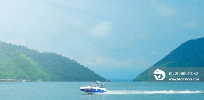 Landscape of banks of the river. speed boat on the river.