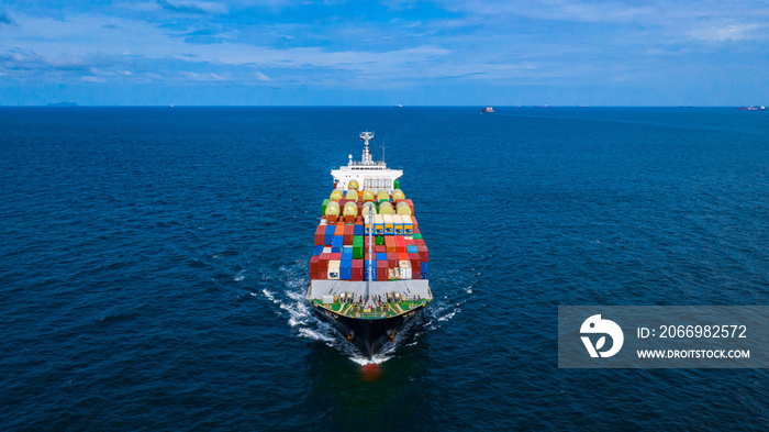 Container cargo ship carrying container for business freight import and export, Aerial view container ship arriving in commercial port.