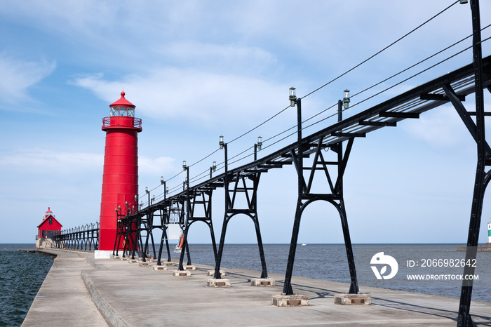 Landscape of the Grand Haven Lighthouse, pier, and catwalk, Lake Michigan, Michigan, USA