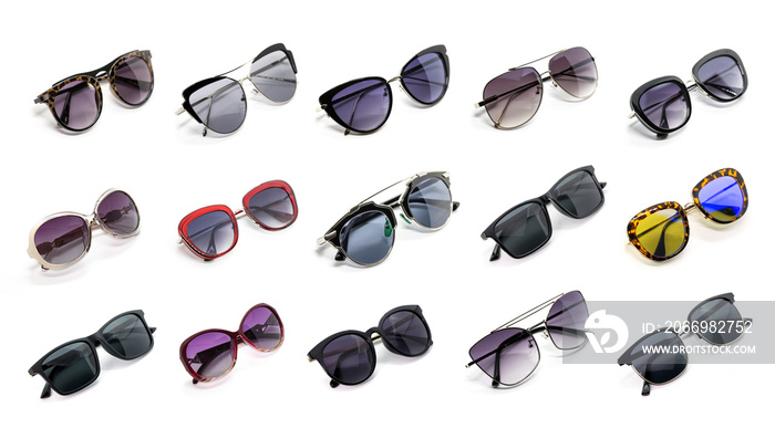 Group of beautiful sunglasses isolated on white background. Costume Fashion.