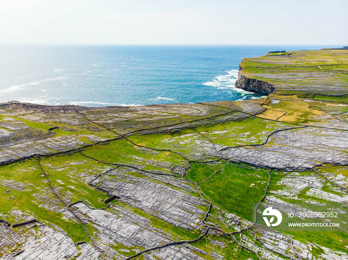 Aerial view of Inishmore or Inis Mor, the largest of the Aran Islands in Galway Bay, Ireland.