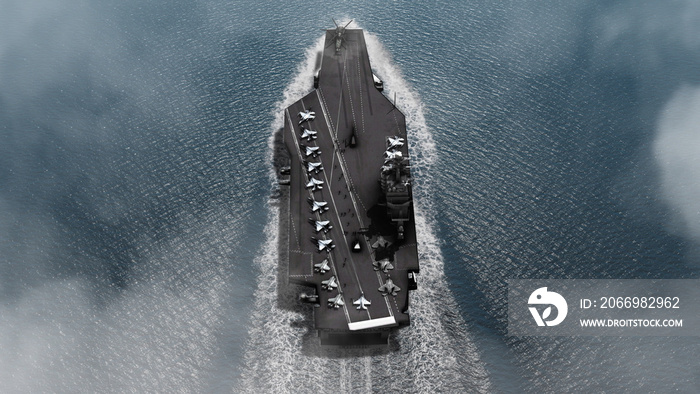 Aircraft carrier crossing the ocean Aerial view High altitude view of Aircraft carrier in the ocean