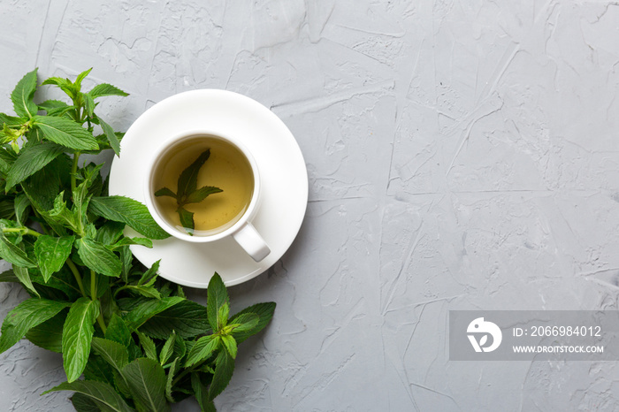 Cup of mint tea on table background. Green tea with fresh mint top view with copy space