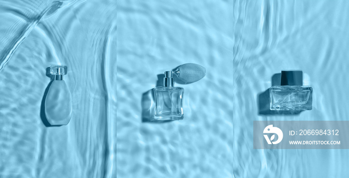 Different bottles of perfume in water on color background