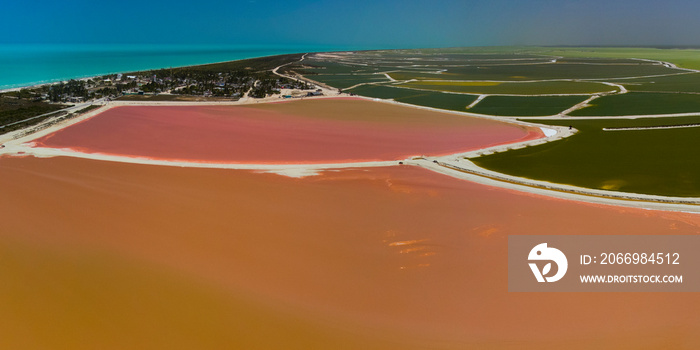 Pink lakes and ocean, nature  in Las Coloradas, Mexico