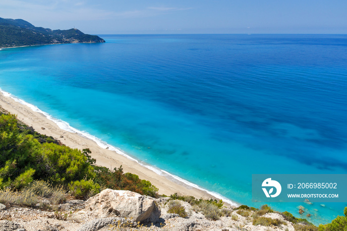 Amazing landscape of Kokkinos Vrachos Beach with blue waters, Lefkada, Ionian Islands, Greece