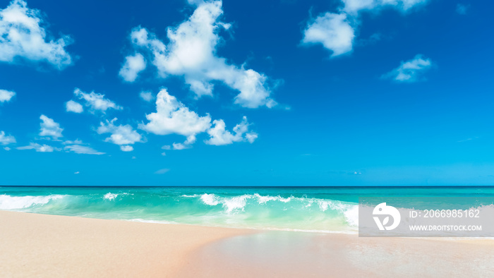 Beautiful tropical beach with blue sky and white clouds abstract texture background. Copy space of summer vacation and holiday business travel concept.