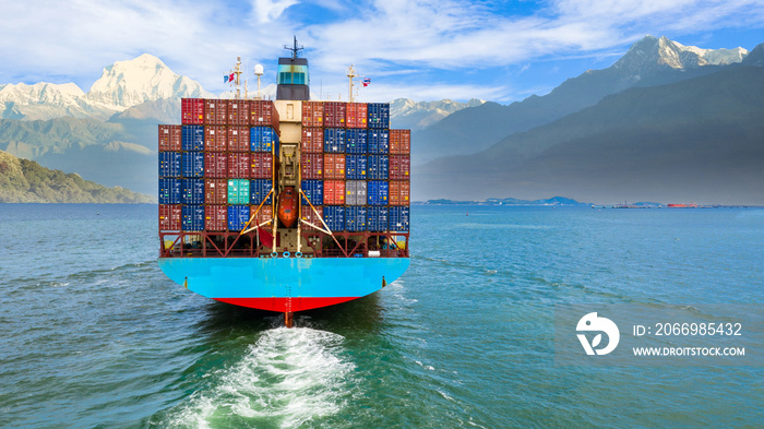 Container cargo ship, Global business import export commerce trade logistic and transportation worldwide by container cargo ship boat in the open sea, Freight shipping maritime vessel.