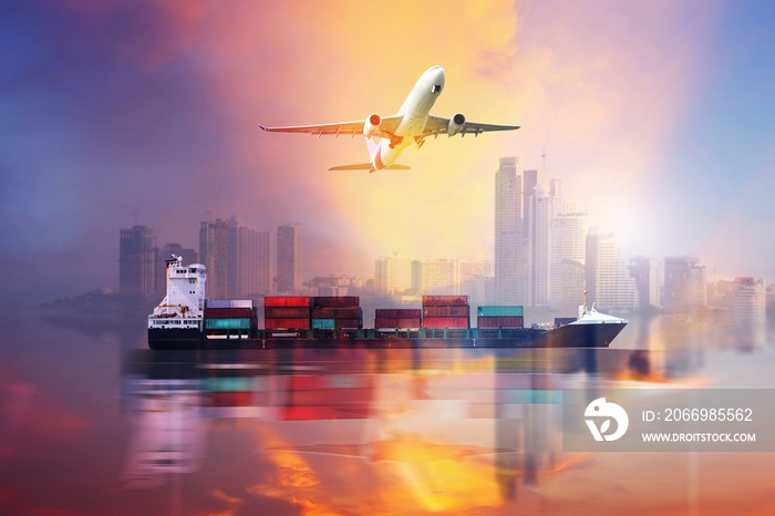 Container Cargo ship and Cargo plane with big city  in seaport , logistic import export background and transport industry.