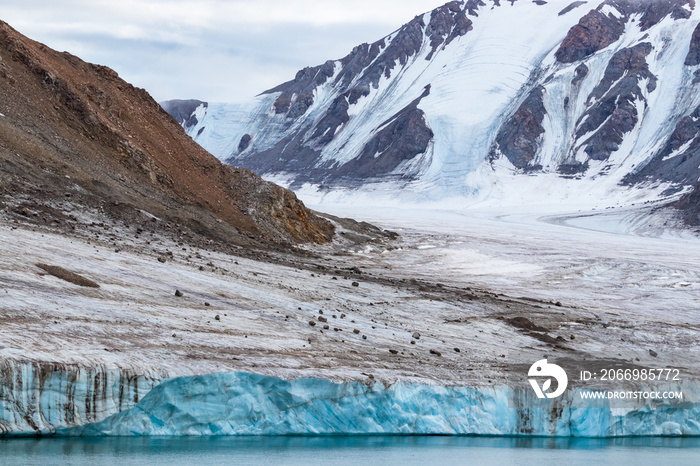 Detail of the edge of a glacier in Ellesmere Island, part of the Qikiqtaaluk Region in the Canadian territory of Nunavut.