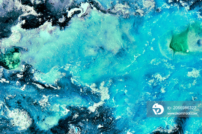 Abstract liquid paint background. A view from space on an exoplanet sea or ocean. Colorful blue green swirl wave storm