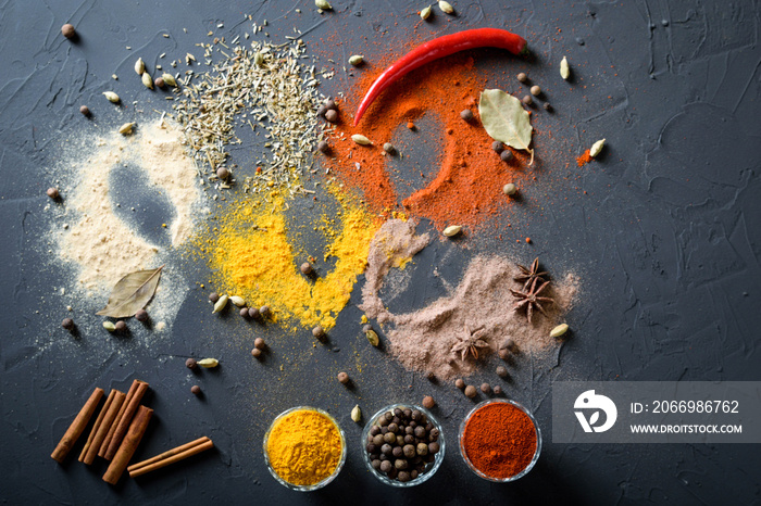 Various spices(pepper ground turmeric ginger cinnamon grass seasoning) in metal antique spoons on stone beton table. Top view