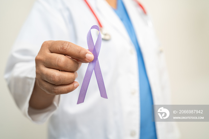 Asian woman doctor with purple ribbon, sign of Alzheimer disease day, Pancreatic cancer, Epilepsy, Lupus.