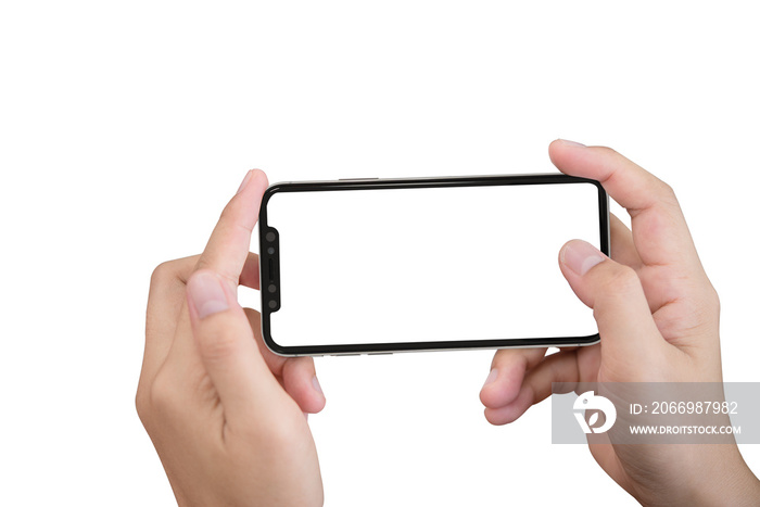 Smartphone in female hands taking photo isolated on white blackground