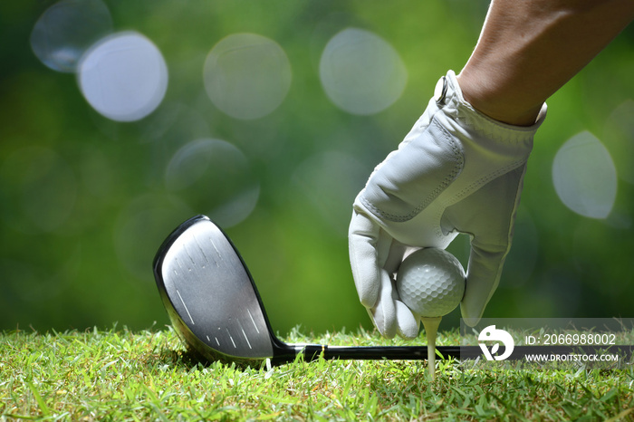 Hand hold golf ball with tee on golf course