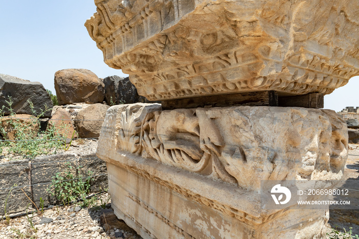 The remains of columns on the partially restored ruins of one of the cities of the Decapolis - the ancient Hellenistic city of Scythopolis near Beit Shean city in northern Israel