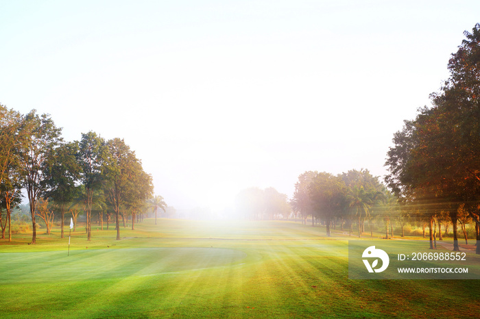 beautiful golf course at the sunset, sunrise time.