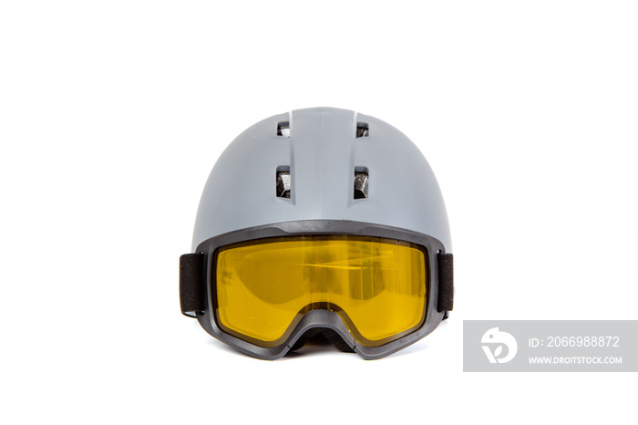 Ski helmet ski goggles isolated on white background. The concept of skiing, proper clothing and preparation for winter sports.